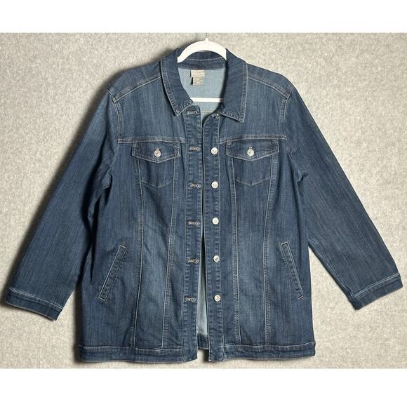 Chicos Sz 2P, 12 Elongated Denim Jacket Stretchy Comfy Utility Chore Lagenlook - Picture 2 of 12